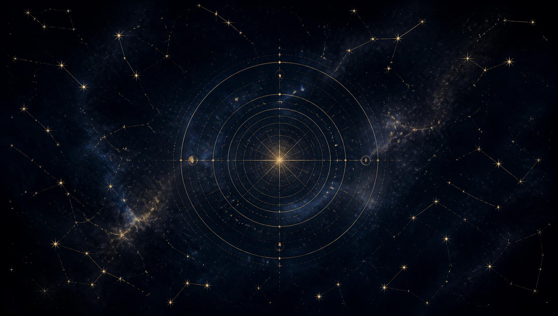 Golden constellation map and astrological circles across a deep midnight sky